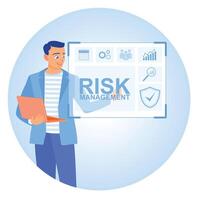 Businessman working using a laptop. Entrepreneurs analyze risks in making business decisions. Business analysis instruments concept. Flat illustration. vector
