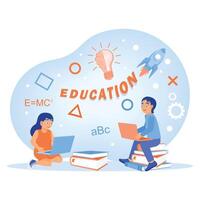 Children study at home using computers and books. Smart brain and educational elements for inspiration. Online Education concept. Flat illustration. vector