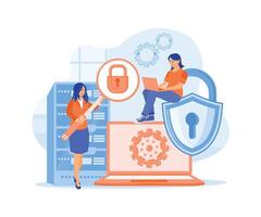 Office staff access services to protect personal data. Women save files on the server. vector
