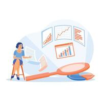 The businesswoman is in front of a projector screen. Young woman analyzing infographic data. Business analysis instruments concept. Flat illustration. vector