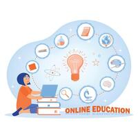 Little girl studying at home using laptop and books. Educational elements and software for learning. Online Education concept. Flat illustration. vector