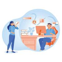 The manager is talking to the assistant on the phone. The manager explains the work project details. Remote Work Online concept. Flat illustration. vector