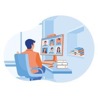 Man talking to a coworker during a conference. Man and woman discussing work online. Business communication concept. Flat illustration. vector