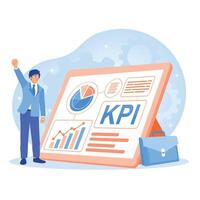 Businessman analyzing data and graphs. Businessman monitors key performance indicators on the dashboard. Business analysis instruments concept. Flat illustration. vector