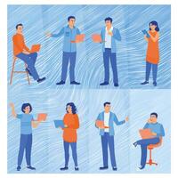 Group of people working remotely in online business communication. Business teamwork in the company. Remote Work Online concept. Flat illustration. vector