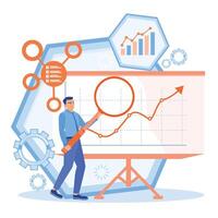 Businessman standing in front of the projector screen. Use a magnifying glass to analyze graphs and charts. Business analysis instruments concept. Flat illustration. vector