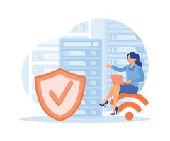 Female staff save electronic documents on the server. Server rack with cloud computing services. vector