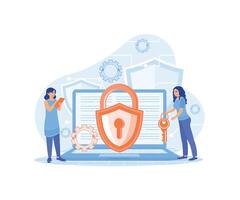 Data security systems in electronic devices. People store data in databases. vector