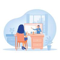 Female student watching online lessons from home. A young woman notes the lecturer's explanation while staring at a computer screen. Online Education concept. Flat illustration. vector