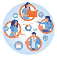 Business communication via the Internet. Some employees work via conference calls. Remote Work Online concept. Flat illustration. vector