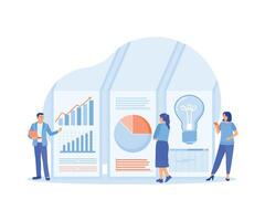 The business team monitors data, graphs, and charts. Developing ideas for financial investments. Data Analysis concept. Flat illustration. vector
