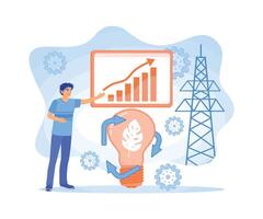 Young man analyzes sustainable development statistics. Alternative electricity source from nature. Circular economy concept. Flat illustration. vector