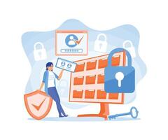 Woman looking for data on computer. Safely protect personal data on servers. vector