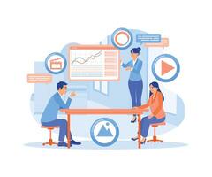 The female manager is holding a meeting with the marketing team. Analyzing marketing graphics in the meeting room. Digital Marketing concept. Flat illustration. vector