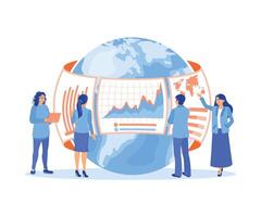 The business team studying holographic graphs and statistical diagrams. Create sales management and operational reports. Data Analysis concept. Flat illustration. vector