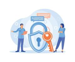 Office staff protect privacy data on computer laptops. Protect and store data on servers. vector
