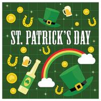 St. Patrick's Day with pattern. Hat, gold coins, clover leaves, and rainbow on green background. St. Patrick's Day concept. Flat illustration. vector