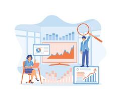 The business team is working on monitor the graph dashboard. Analyze business financial investments. Data Analysis concept. Flat illustration. vector