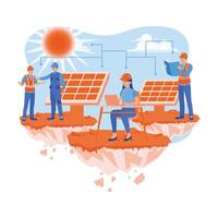 Utilizing sunlight for the green industry. Engineers, workers, and technicians perform maintenance on solar panels. Solar energy panels concept. Flat illustration. vector