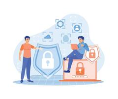 People use services on laptops. Store and protect privacy data. Flat illustration. vector