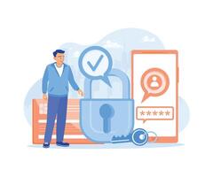 Man stores personal data on cell phones. services to protect personal data. vector