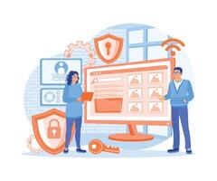 People access services on computers. Office staff protects and maintains the confidentiality of data. vector