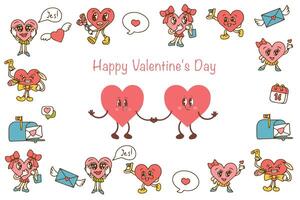Retro Valentine's Day wind-up set. Bright banner-card about hippie love, funny characters in the shape of a heart, trend of the 60s-70s. Love concept. . vector