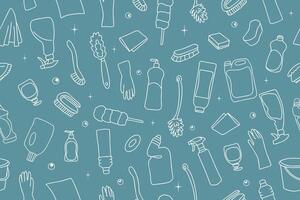 Cleaning equipment seamless pattern. Simple Outline drawn Sponge, brush, mop, spray, rubber gloves. Cleaning service Background. Spring clean elements in Doodle sketch style.. vector