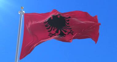 Albania flag waving at wind with blue sky, loop video