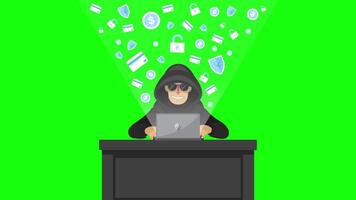 Hacker With Laptop Computer Stealing Passwords And Breaking In Confidential Data On Greenscreen Background 2D Cartoon Animation video