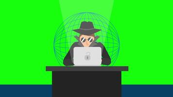 Hacker With Laptop Computer Stealing Passwords And Breaking In Confidential Data On Greenscreen Background 2D Cartoon Animation video