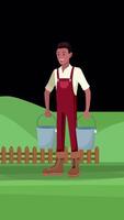 Farmer Holding Bucket In Both Hands On Vertical On Alpha Channel 2D Cartoon Animation video