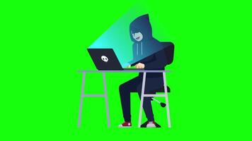 Hacker With Laptop Computer Stealing Passwords And Breaking In Confidential Data On Greenscreen Background 2D Cartoon Animation video