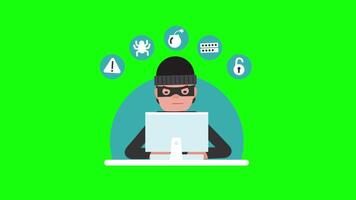 hacker com computador portátil computador roubando senhas e quebra dentro confidencial dados em tela verde fundo 2d desenho animado animação video