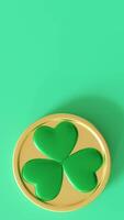 Minimalistic St. Patrick's Day-themed design featuring spinning golden coin with shamrock on green background. Empty space, perfect for text. Joyful Irish holiday atmosphere. 3D animation. video