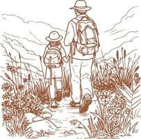 Vintage Father and child going on a nature hike. vector
