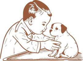 A boy petting a puppy in a drawing vector