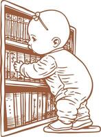 A baby is looking at books in a library vector