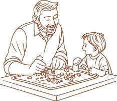 Vintage Father and child having a game night. They play board games vector