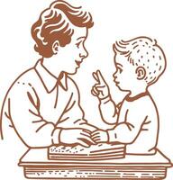 A boy and a man are sitting at a table and talking vector