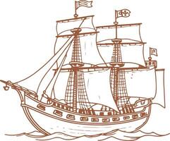 Vintage pirate ship with two children of swashbuckling characters vector