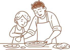 Vintage Father and child learning a new skill together. They take a cooking class vector