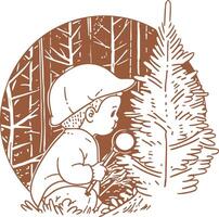 A boy looking at a tree in the woods vector