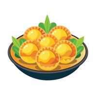 A bowl of fried dumplings with green leaves vector
