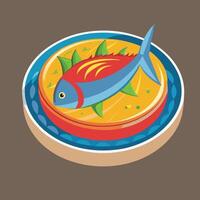 A fish on a plate with a yellow sauce vector