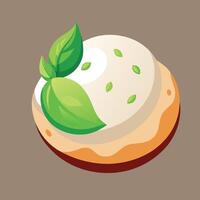 A pastry with cream and basil leaves on top vector