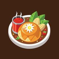 A plate with food and a can of soda vector