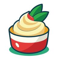 A dessert with whipped cream and a green leaf vector