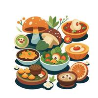 A variety of food is shown in bowls and plates vector