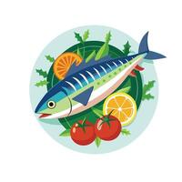 Fish and vegetables on a plate with a mackerel vector